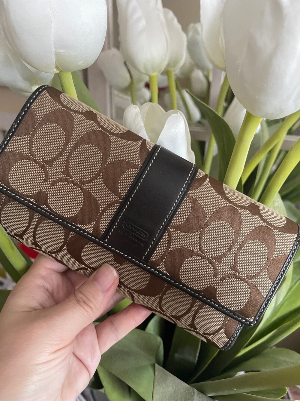 Coach Signature Brown Canvas Continental Wallet with Checkbook cover
